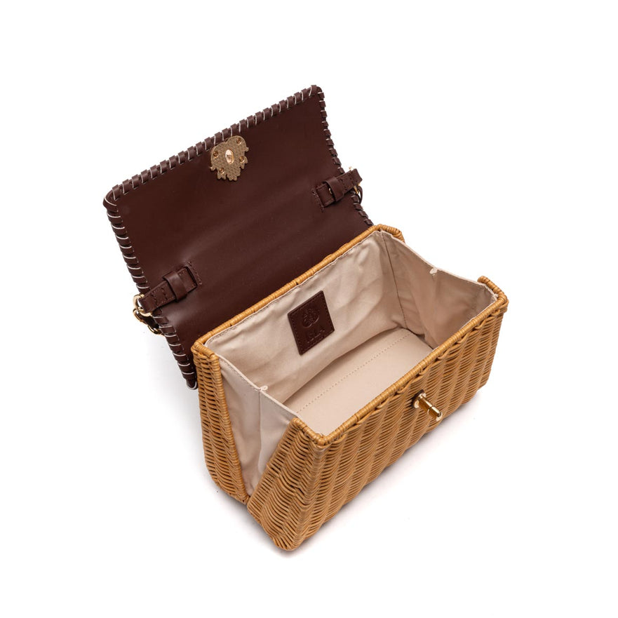 BOLSA SELENE TOP HANDLE RATTAN E COURO PINHÃO MEL