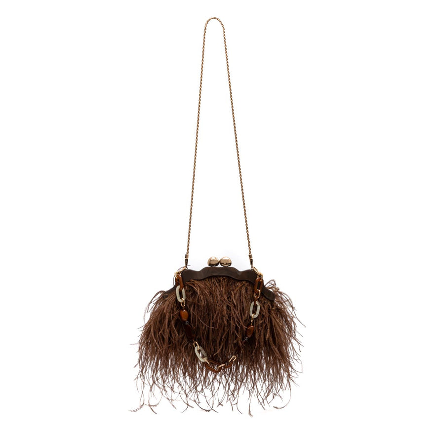 BOLSA POUCH PEQUENA  DE PLUMAS MASCAVO