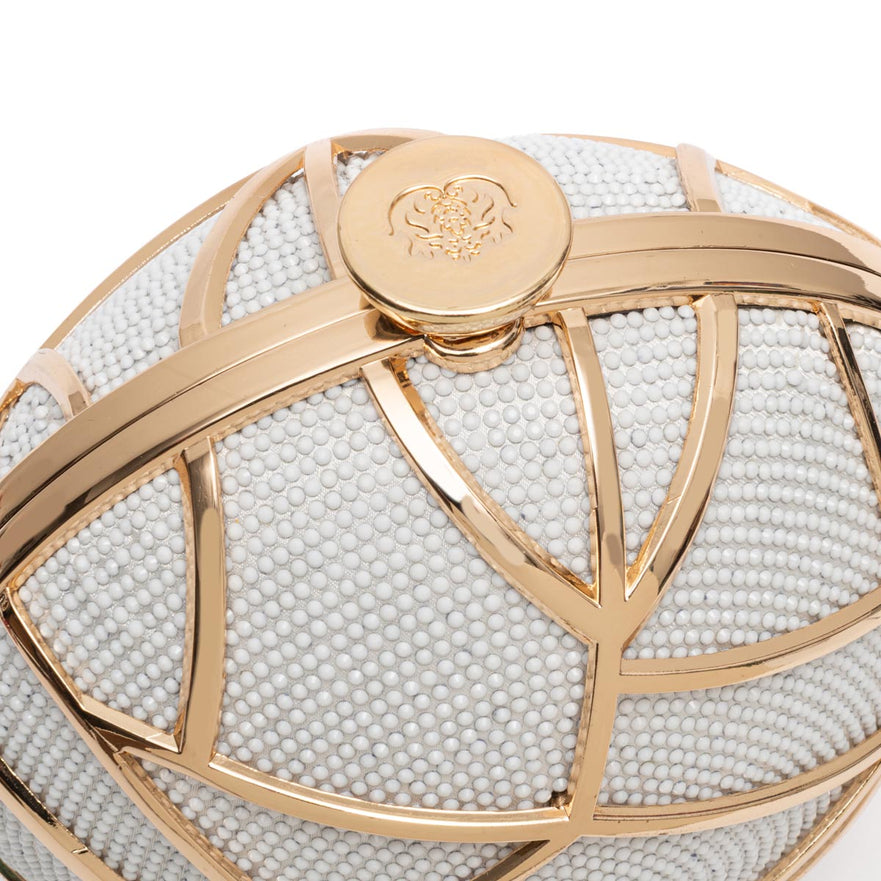 BOLSA CLUTCH ESFERA PEQUENA DE CRISTAIS BRANCOS COM OURO