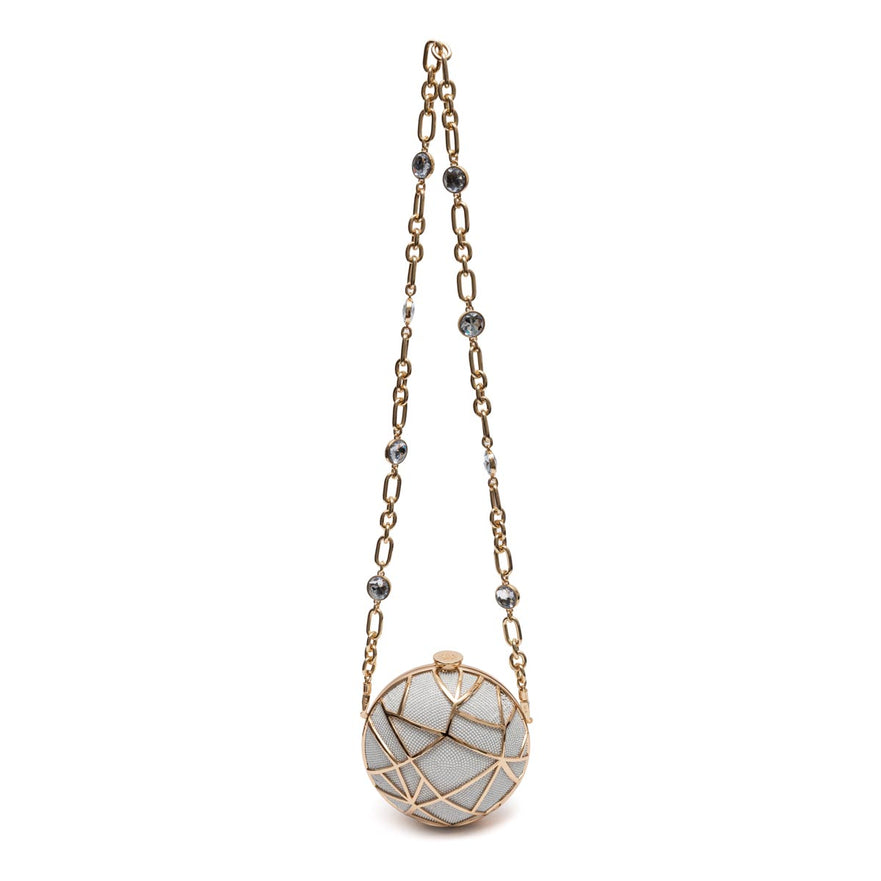 BOLSA CLUTCH ESFERA PEQUENA DE CRISTAIS BRANCOS COM OURO
