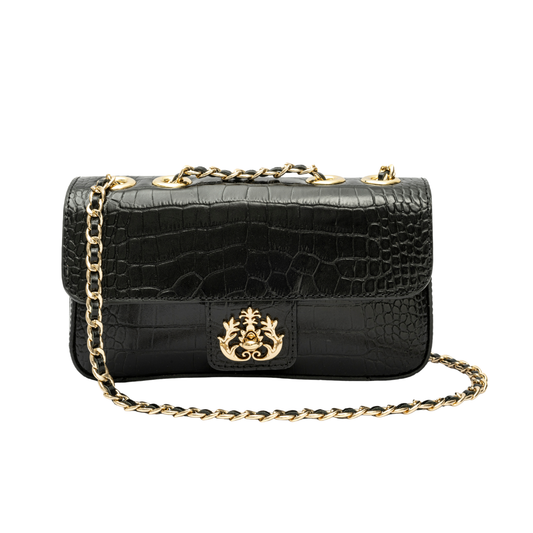 BOLSA ANNE EM COURO NEW CROCO PRETO OURO