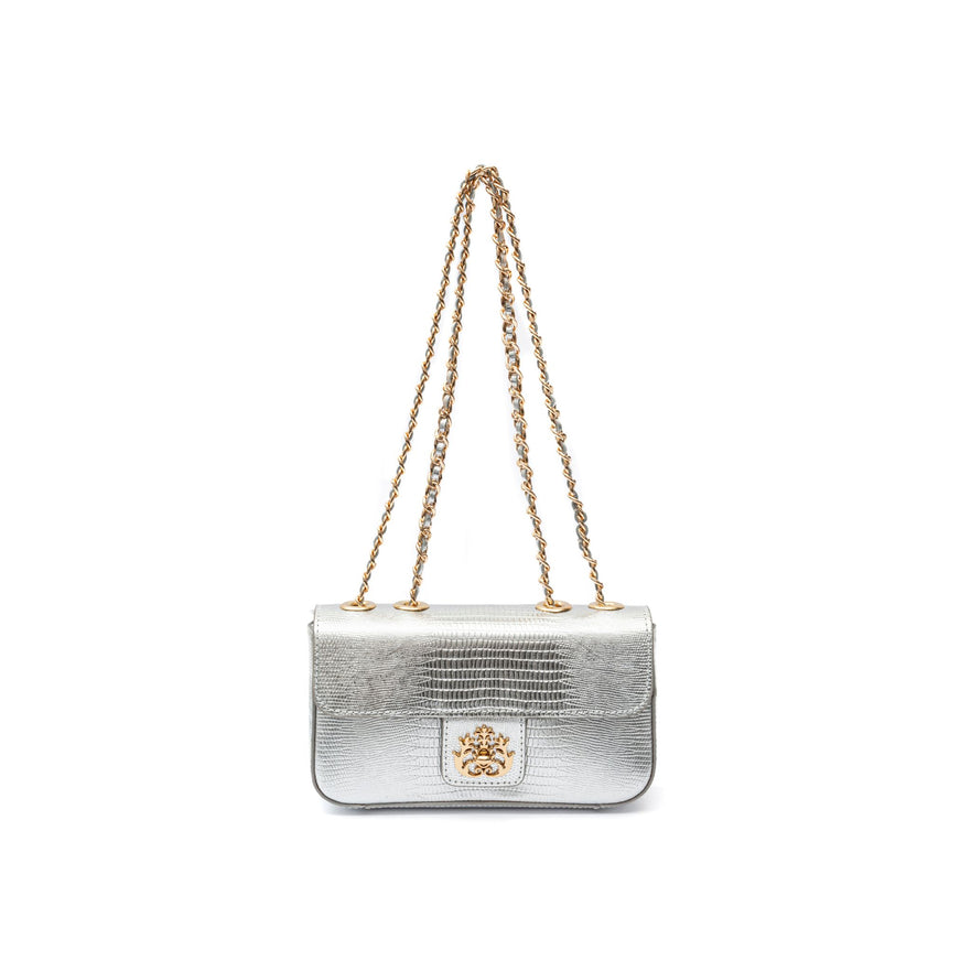 BOLSA ANNE EM COURO NEW CROCO LIZARD PRATA