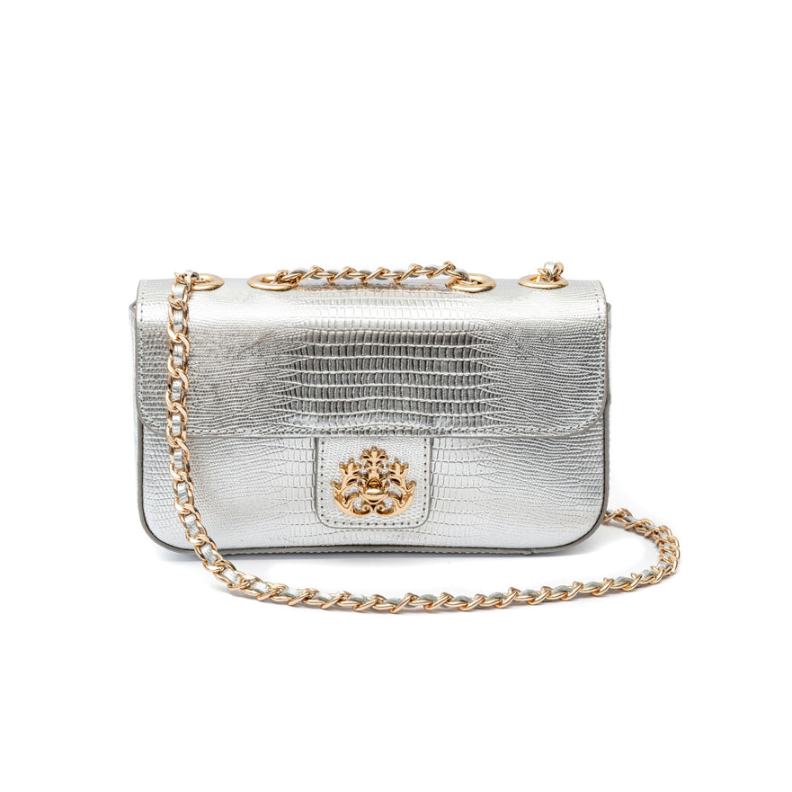BOLSA ANNE EM COURO NEW CROCO LIZARD PRATA