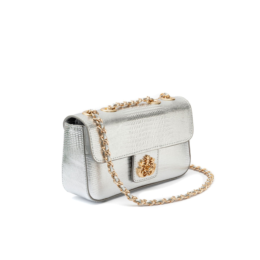 BOLSA ANNE EM COURO NEW CROCO LIZARD PRATA
