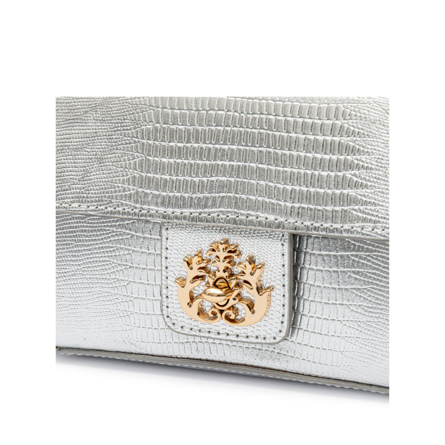 BOLSA ANNE EM COURO NEW CROCO LIZARD PRATA