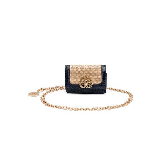 NANO BOLSA EM PALHA COM CORRENTE TRANSVERSAL - FOREVER PALHA DAMIER COURO MARINHO