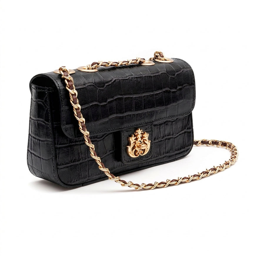 BOLSA BAGUETE ANNE PEQUENA COURO NEW CROCO PRETO OURO
