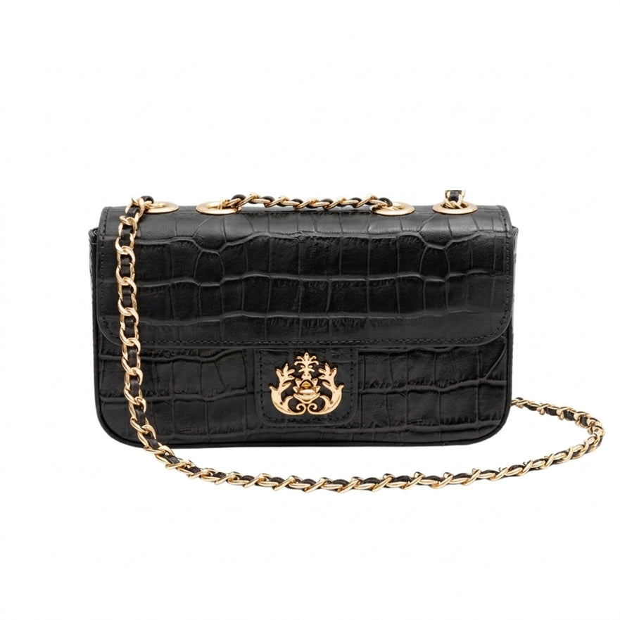BOLSA BAGUETE ANNE PEQUENA COURO NEW CROCO PRETO OURO