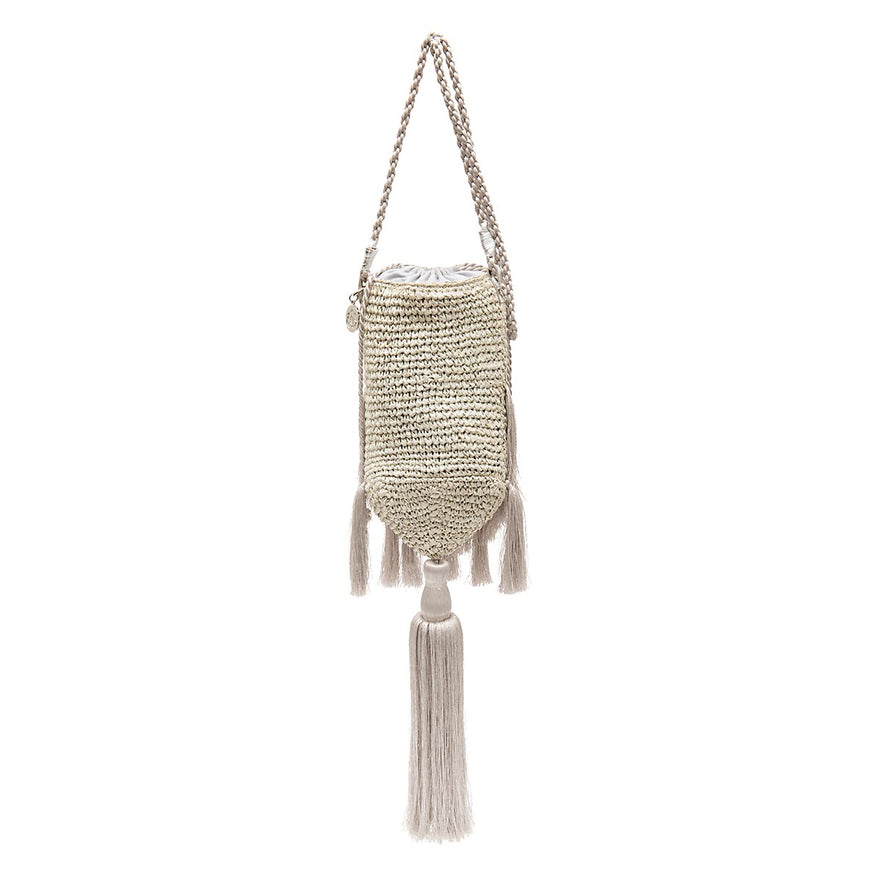 BOLSA BUCKET CROSSBODY RÁFIA AREIA PRATA