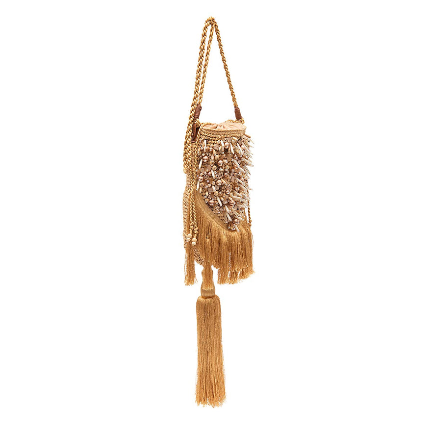 BOLSA BUCKET CROSSBODY RÁFIA AREIA OURO