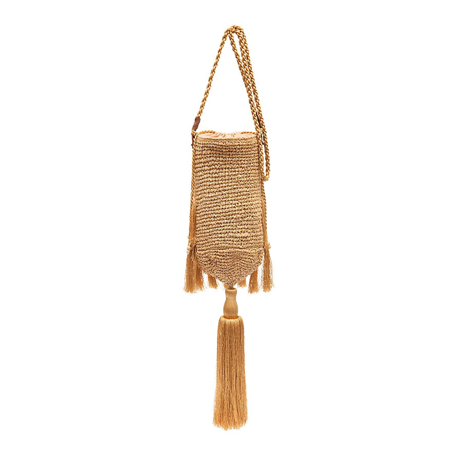 BOLSA BUCKET CROSSBODY RÁFIA AREIA OURO