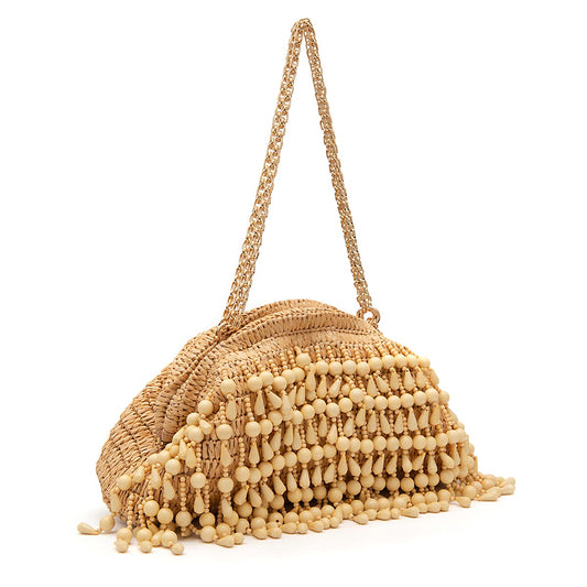 BOLSA POUCH CAPRI RÁFIA COM CONTAS AREIA