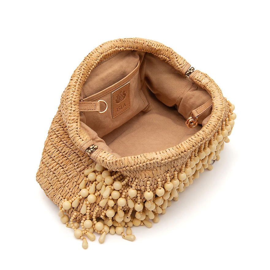 BOLSA POUCH CAPRI RÁFIA COM CONTAS AREIA