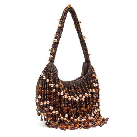 BOLSA HOBO HERA RÁFIA CONTAS EM RESINA CAFÉ