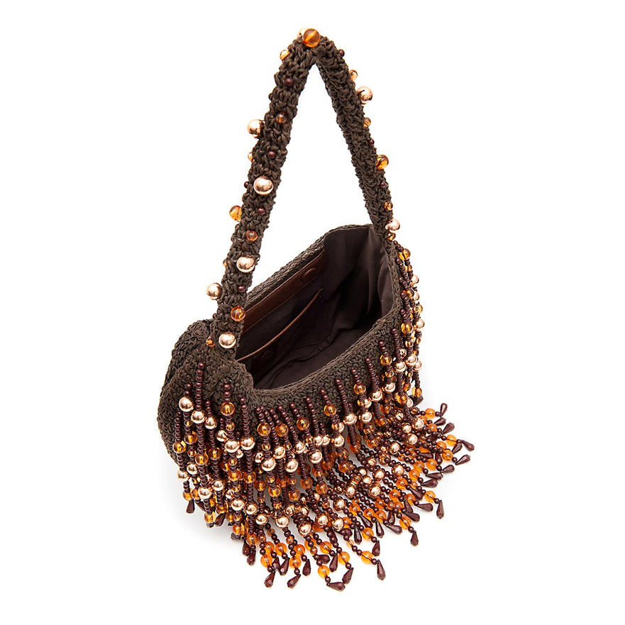 BOLSA HOBO HERA RÁFIA CONTAS EM RESINA CAFÉ