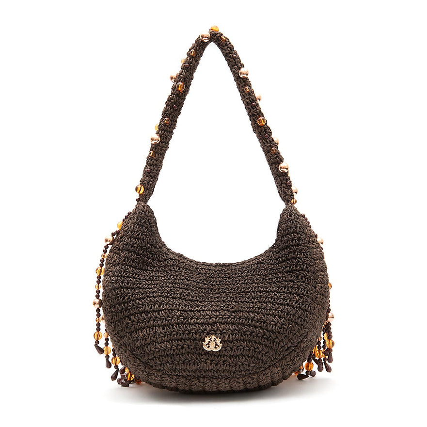 BOLSA HOBO HERA RÁFIA CONTAS EM RESINA CAFÉ