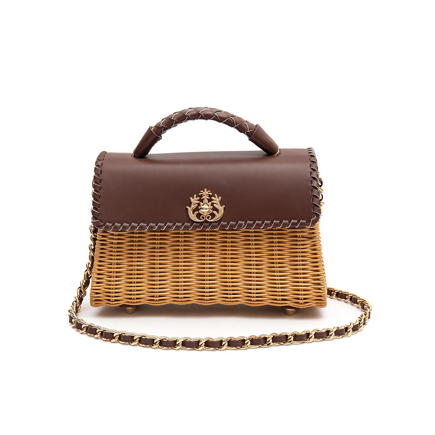 SELENE TOP HANDLE RATTAN AND MELLOW PINE NUT LEATHER BAG