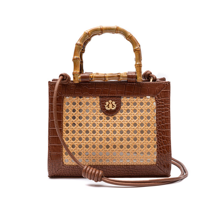 DIANA MEDIUM BAG IN NATURAL LEATHER AND INDIAN STRAW MAXI CROCO WALNUT